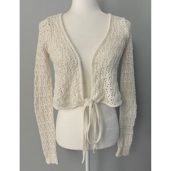 Aeropostale Sweaters - Aeropostale Women's Cream Open Knit Tie Front Cropped Cardigan Sweater Boho XS